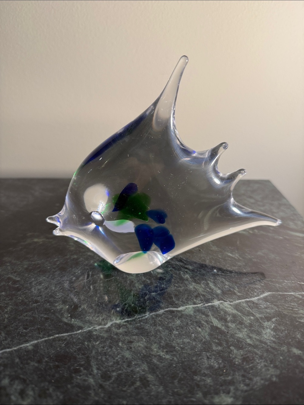 Clear Glass Fish Sculpture with Blue and Green Accents